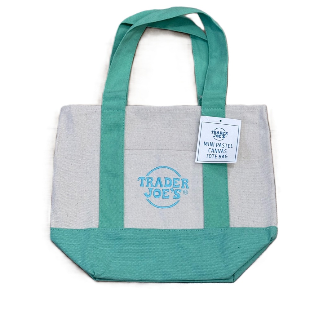Trader Joe's Mini Pastel Canvas Tote Bag Teal Green Cream NWT 79986